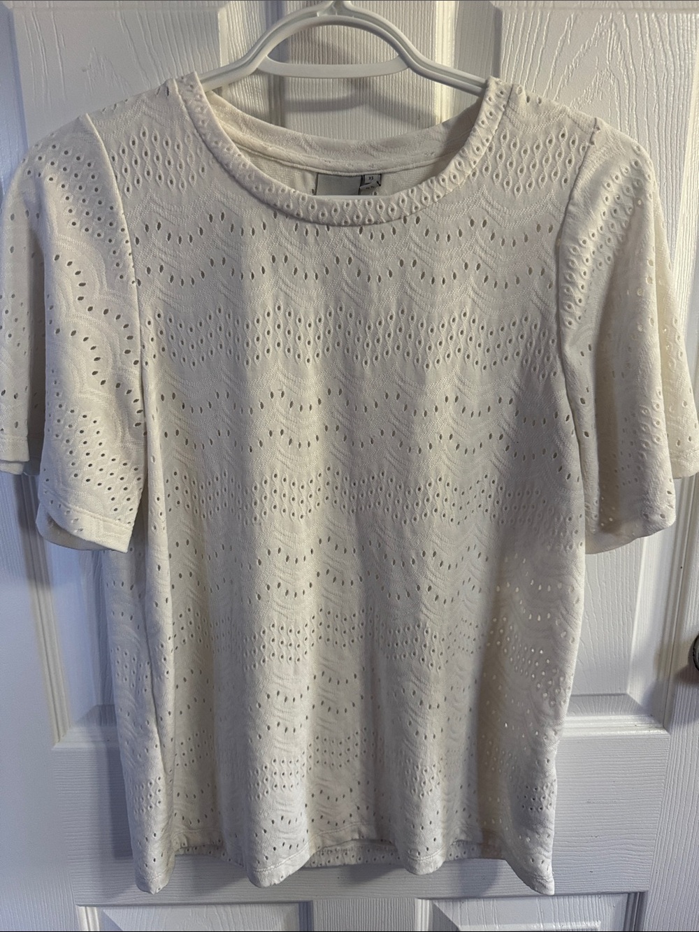 Women's Cream Eyelet Short Sleeve Tee - Classic Round Neck